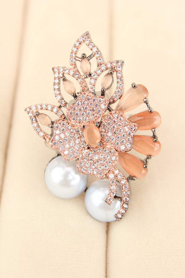Adjustable American Diamond Ring With Flower Design And Pearls Attached In Peach (ADR003-PE)