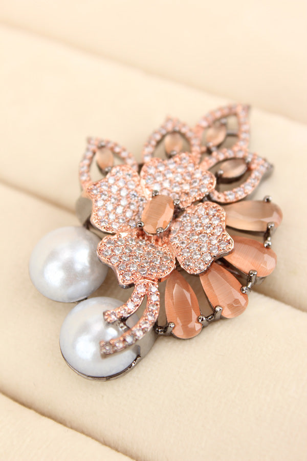 Adjustable American Diamond Ring With Flower Design And Pearls Attached In Peach (ADR003-PE)