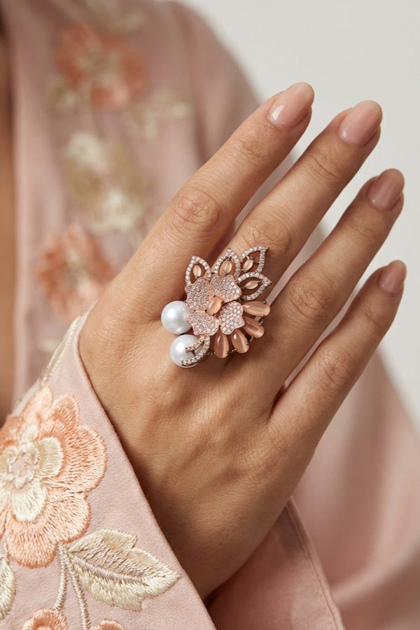 Adjustable American Diamond Ring With Flower Design And Pearls Attached In Peach (ADR003-PE)