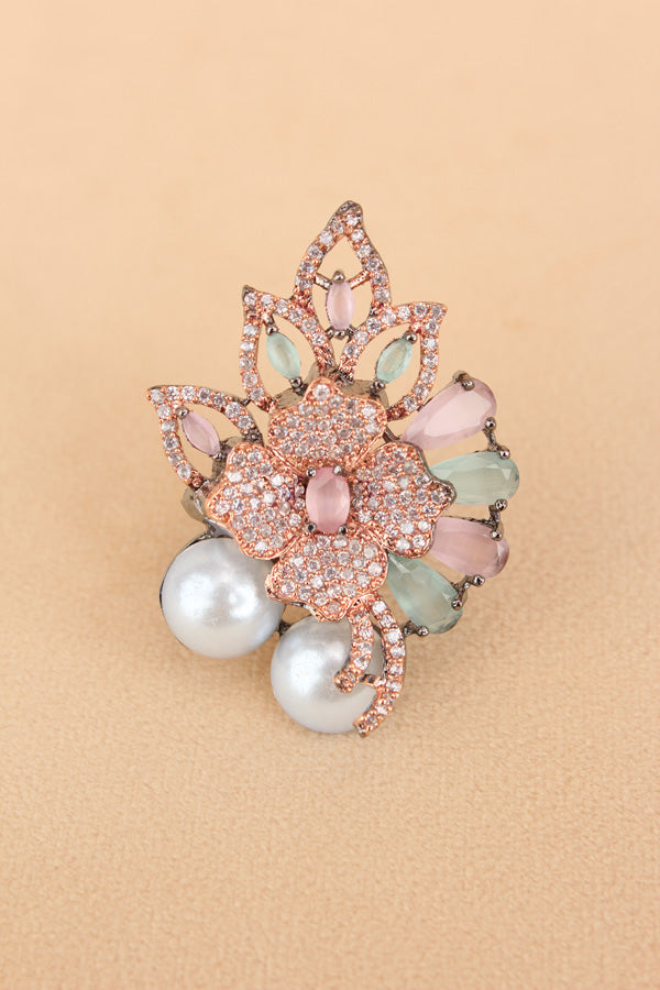 Adjustable American Diamond Ring With Flower Design And Pearls Attached In Pink And Mint Green (ADR003-PMG)