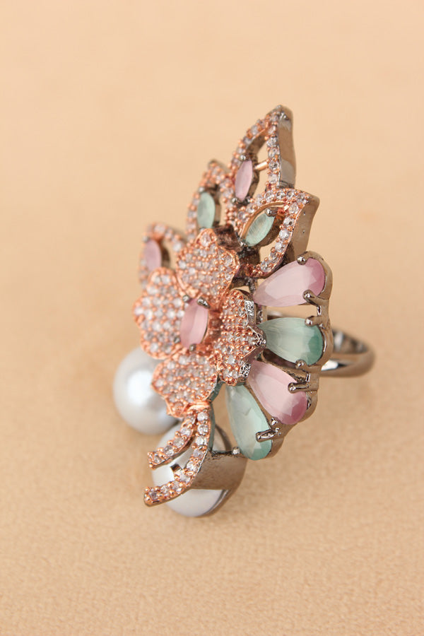 Adjustable American Diamond Ring With Flower Design And Pearls Attached In Pink And Mint Green (ADR003-PMG)