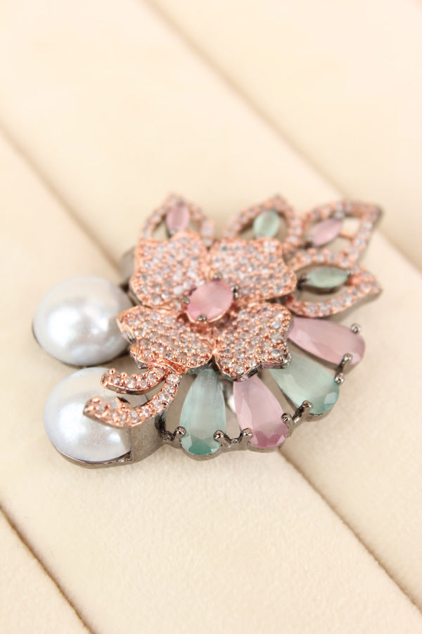 Adjustable American Diamond Ring With Flower Design And Pearls Attached In Pink And Mint Green (ADR003-PMG)