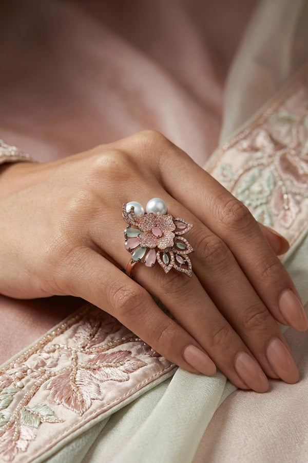 Adjustable American Diamond Ring With Flower Design And Pearls Attached In Pink And Mint Green (ADR003-PMG)