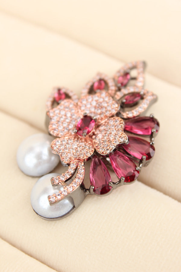 Adjustable American Diamond Ring With Flower Design And Pearls Attached In Ruby (ADR003-RU)