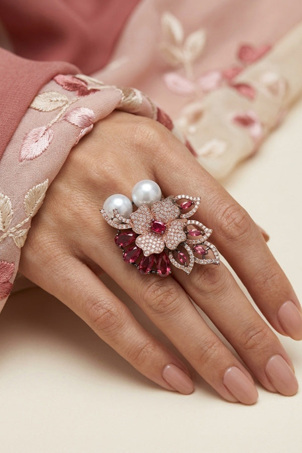 Adjustable American Diamond Ring With Flower Design And Pearls Attached In Ruby (ADR003-RU)