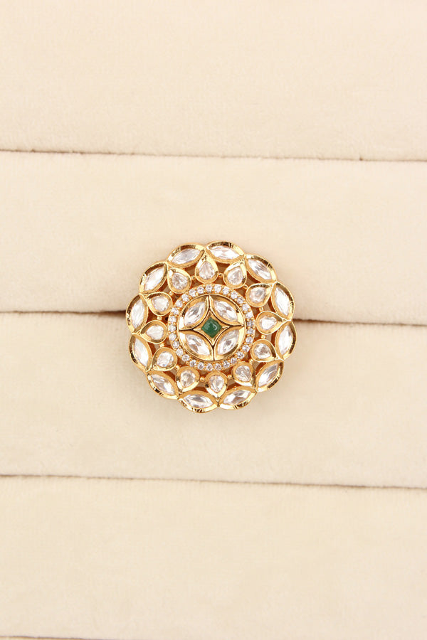 Adjustable Premium Quality Ring With Kundan And Green Center Stone (KR004-G)