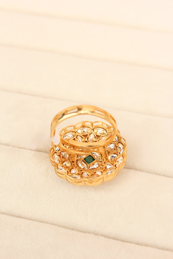 Adjustable Premium Quality Ring With Kundan And Green Center Stone (KR004-G)