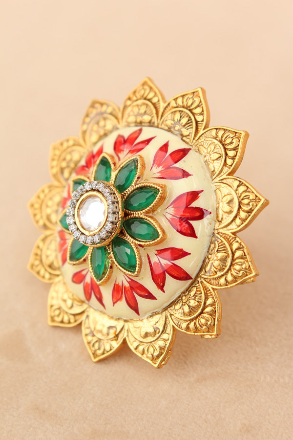 Adjustable Ring With Meenakari And Center Stone Attached (RF005)