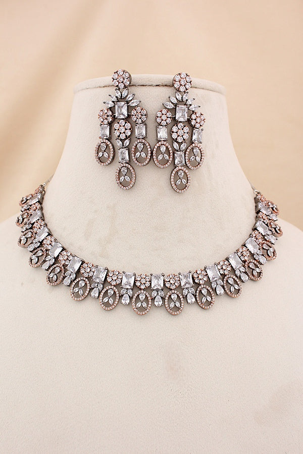 American Diamond Necklace Set In Silver Polish And Pink Colour Stones With Medium Large Danlger Earrings (NS001-AD-P)