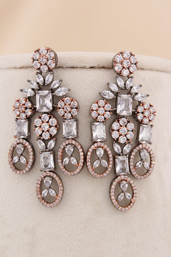 American Diamond Necklace Set In Silver Polish And Pink Colour Stones With Medium Large Danlger Earrings (NS001-AD-P)