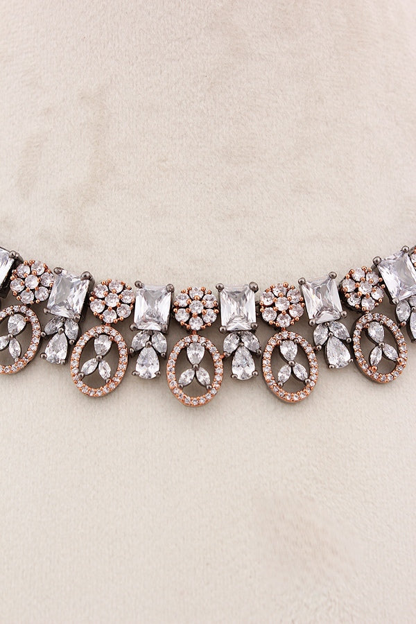 American Diamond Necklace Set In Silver Polish And Pink Colour Stones With Medium Large Danlger Earrings (NS001-AD-P)
