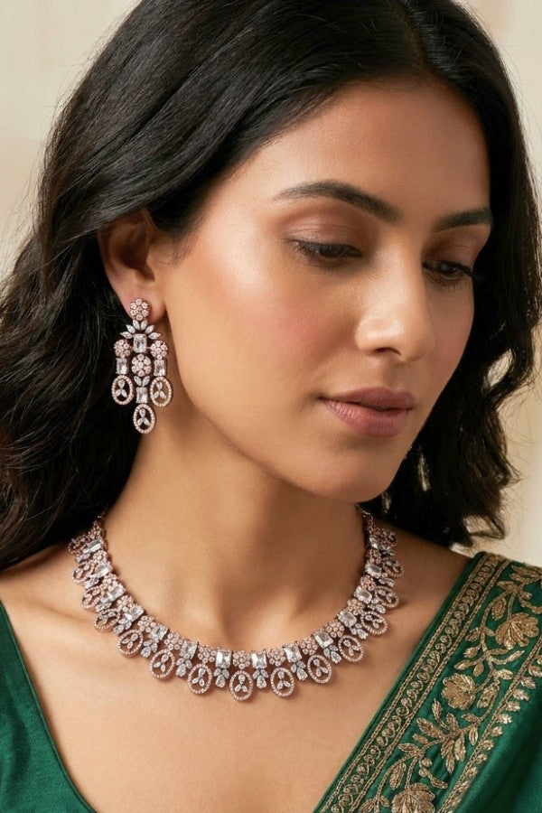 American Diamond Necklace Set In Silver Polish And Pink Colour Stones With Medium Large Danlger Earrings (NS001-AD-P)