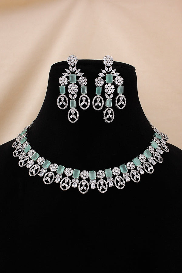 American Diamond Necklace Set In Black And Rosegold Polish And White Colour Stones With Medium Large Danlger Earrings (NS001-AD-RO)