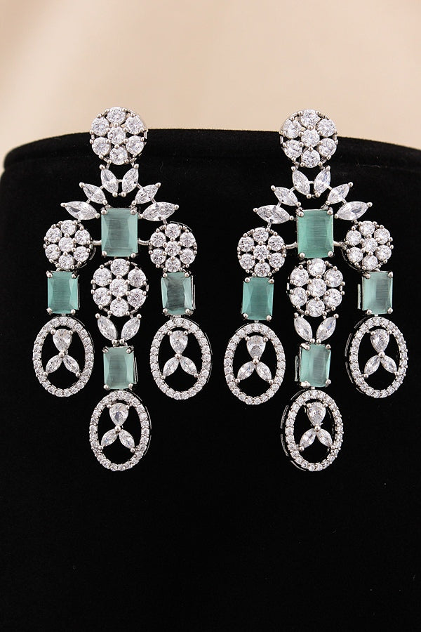 American Diamond Necklace Set In Black And Rosegold Polish And White Colour Stones With Medium Large Danlger Earrings (NS001-AD-RO)