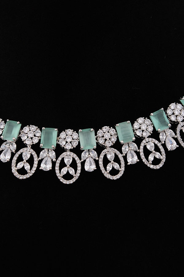 American Diamond Necklace Set In Black And Rosegold Polish And White Colour Stones With Medium Large Danlger Earrings (NS001-AD-RO)