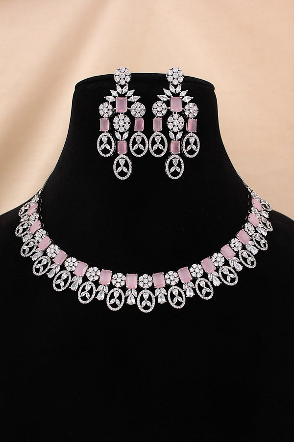 American Diamond Necklace Set In Silver Polish And Yellow Colour Stones With Medium Large Danlger Earrings (NS001-AD-Y)