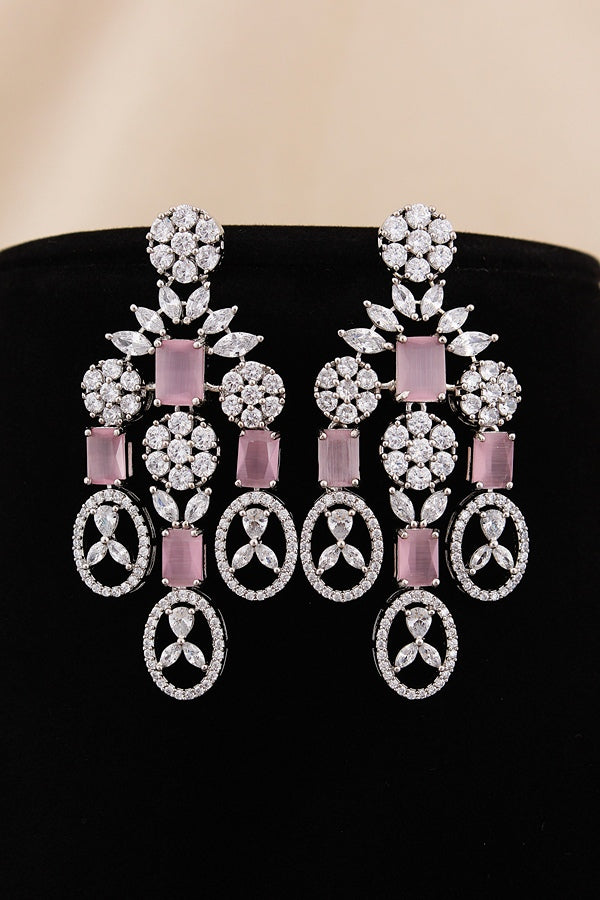 American Diamond Necklace Set In Silver Polish And Yellow Colour Stones With Medium Large Danlger Earrings (NS001-AD-Y)
