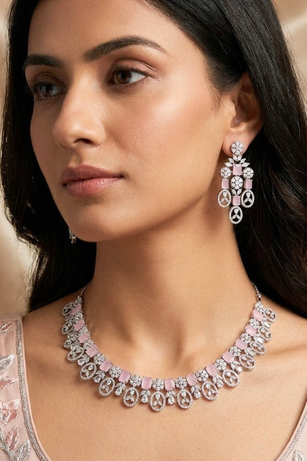 American Diamond Necklace Set In Silver Polish And Yellow Colour Stones With Medium Large Danlger Earrings (NS001-AD-Y)