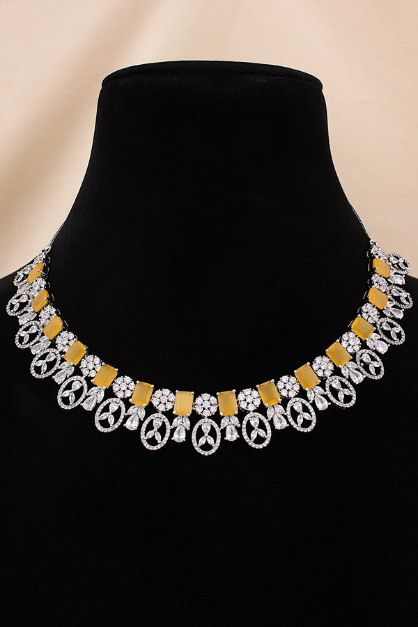 American Diamond Necklace Set In Silver Polish And Mint Green Colour Stones With Medium Large Danlger Earrings (NS001-AD-MG)