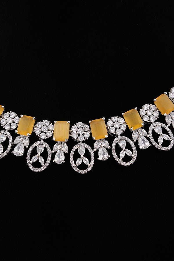 American Diamond Necklace Set In Silver Polish And Mint Green Colour Stones With Medium Large Danlger Earrings (NS001-AD-MG)
