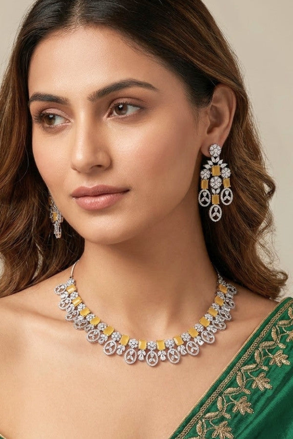 American Diamond Necklace Set In Silver Polish And Mint Green Colour Stones With Medium Large Danlger Earrings (NS001-AD-MG)