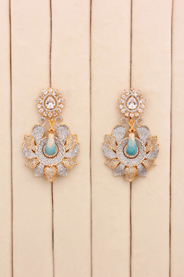 American Diamonds Earrings With Peacock In Silver And Gold Polish (ADE001)