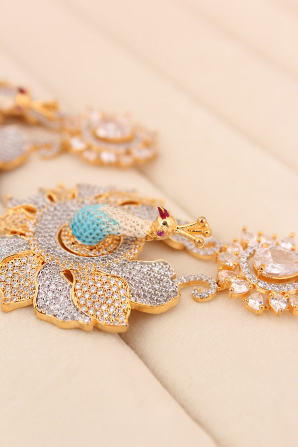 American Diamonds Earrings With Peacock In Silver And Gold Polish (ADE001)