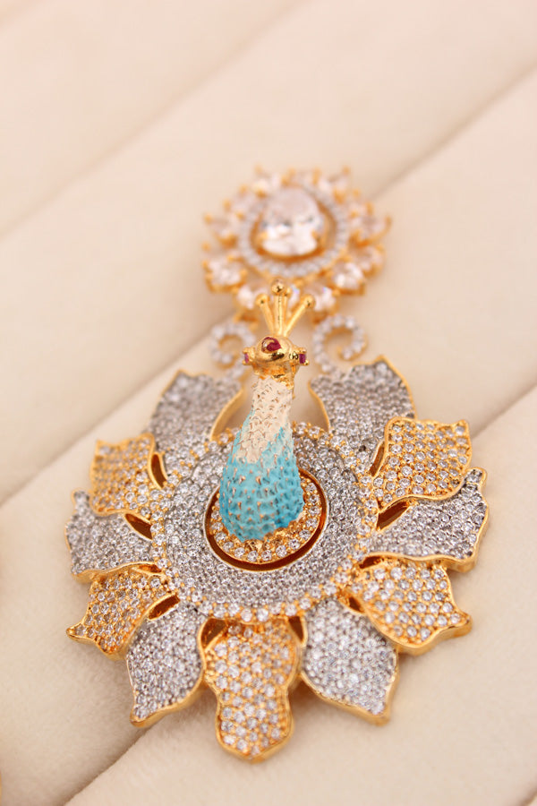 American Diamonds Earrings With Peacock In Silver And Gold Polish (ADE001)