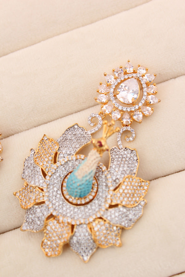 American Diamonds Earrings With Peacock In Silver And Gold Polish (ADE001)