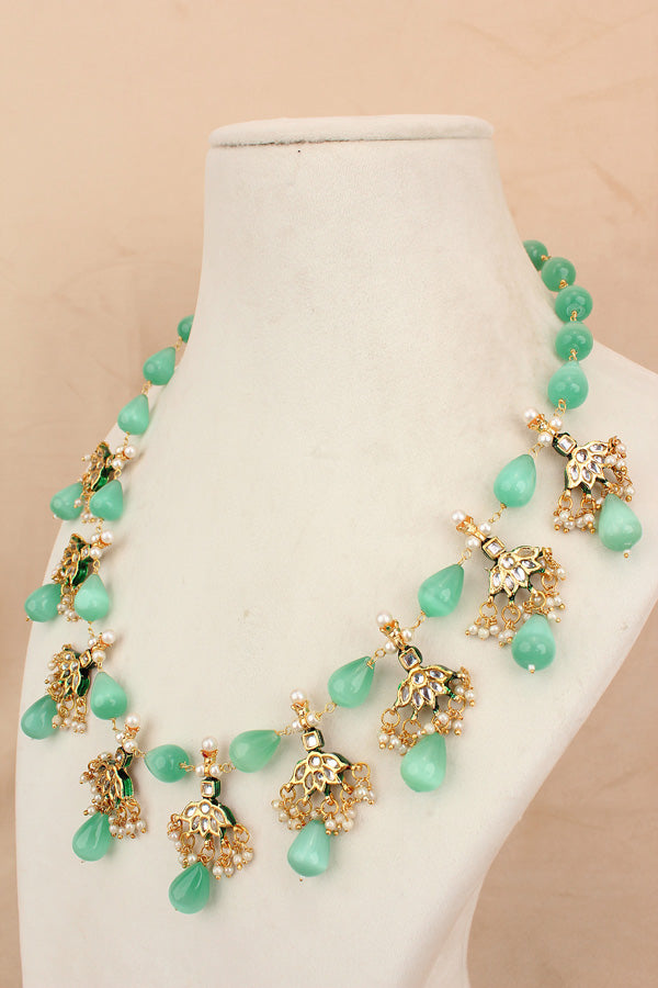 Aqua Green Colour Cat Eye Pearls With A Shiny Finish And Kundan Look Pendants Attached (MA007-AG)