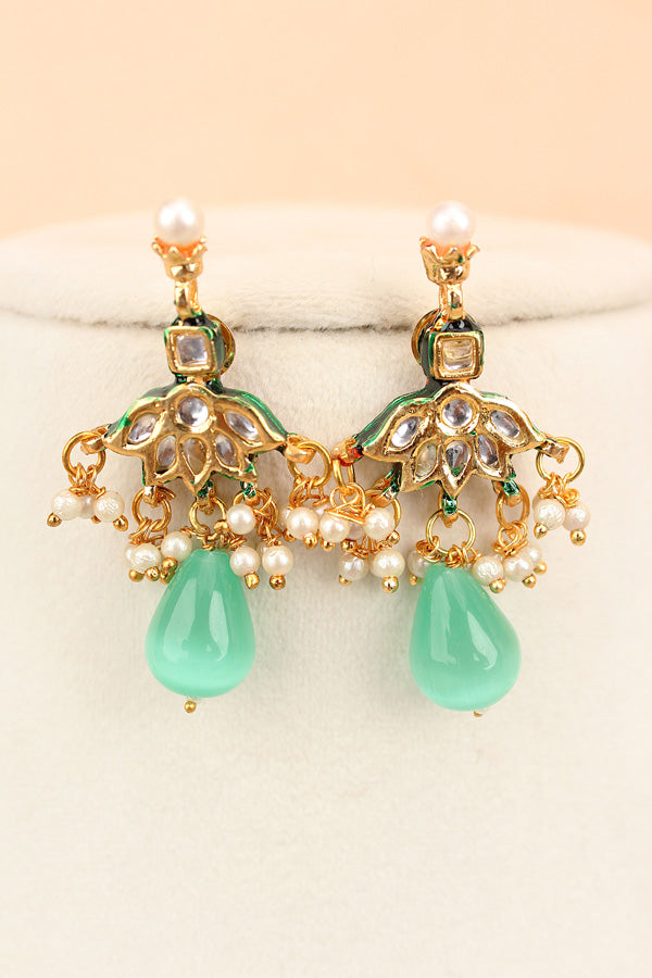 Aqua Green Colour Cat Eye Pearls With A Shiny Finish And Kundan Look Pendants Attached (MA007-AG)