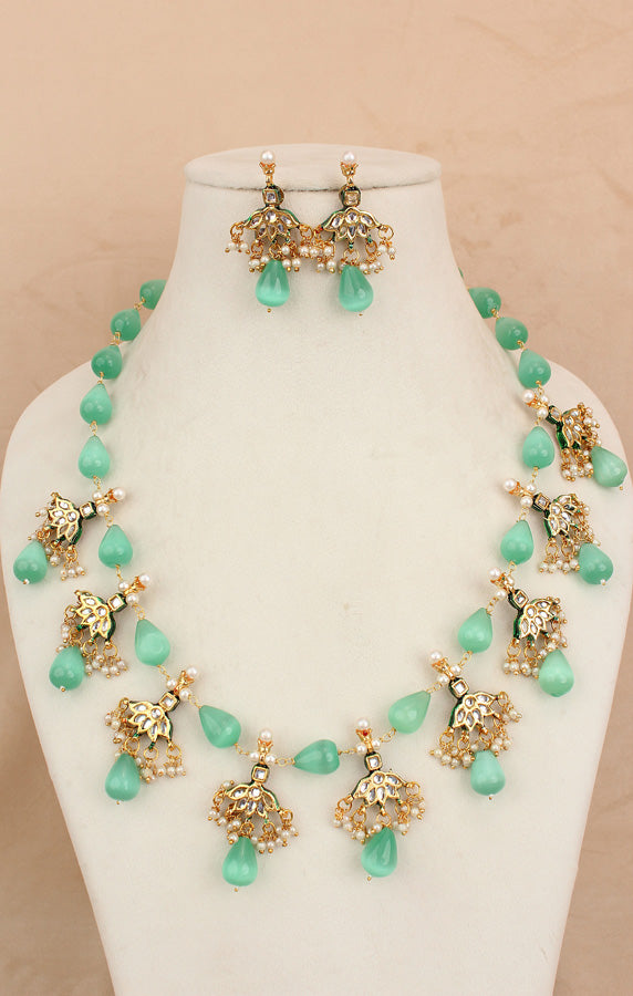 Aqua Green Colour Cat Eye Pearls With A Shiny Finish And Kundan Look Pendants Attached (MA007-AG)