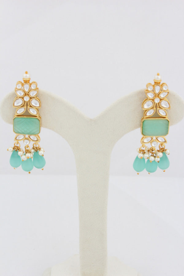 Aqua Green Kundan Necklace Set With Matching Earrings And Tikka (IGNK011)