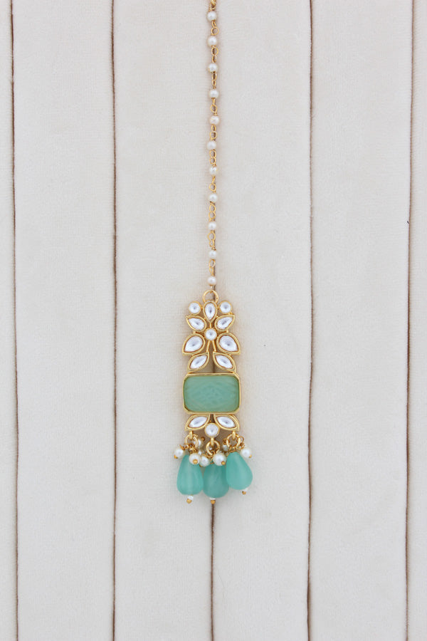 Aqua Green Kundan Necklace Set With Matching Earrings And Tikka (IGNK011)