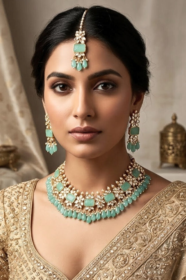 Aqua Green Kundan Necklace Set With Matching Earrings And Tikka (IGNK011)