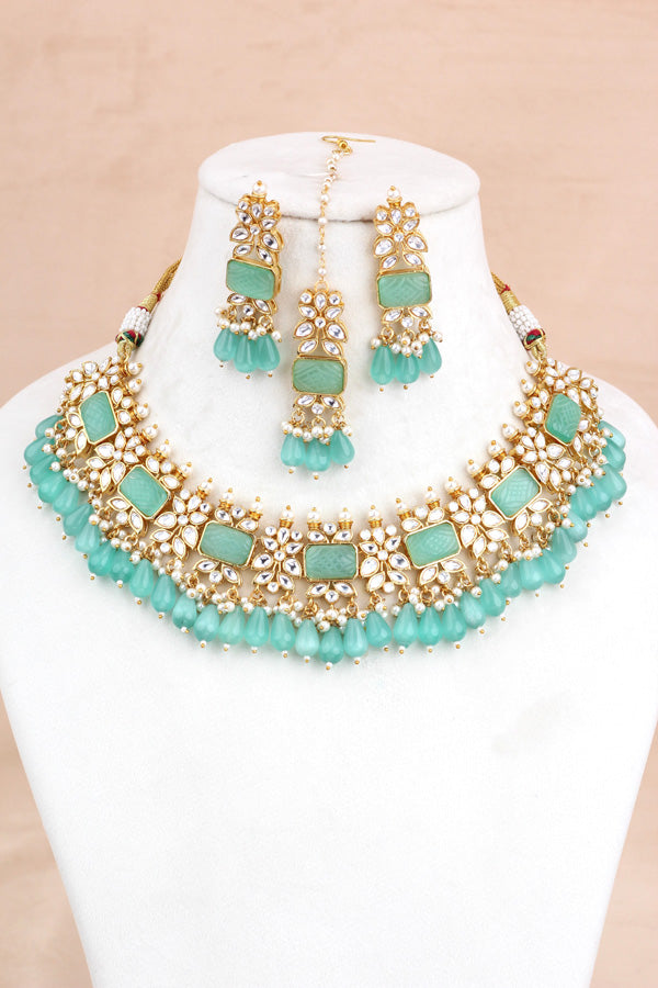 Aqua Green Kundan Necklace Set With Matching Earrings And Tikka (IGNK011)