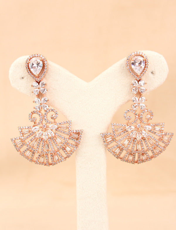 Art Deco Fan Shaped Chandelier Earrings In Rose Gold Polish With American Diamonds (ADE023)