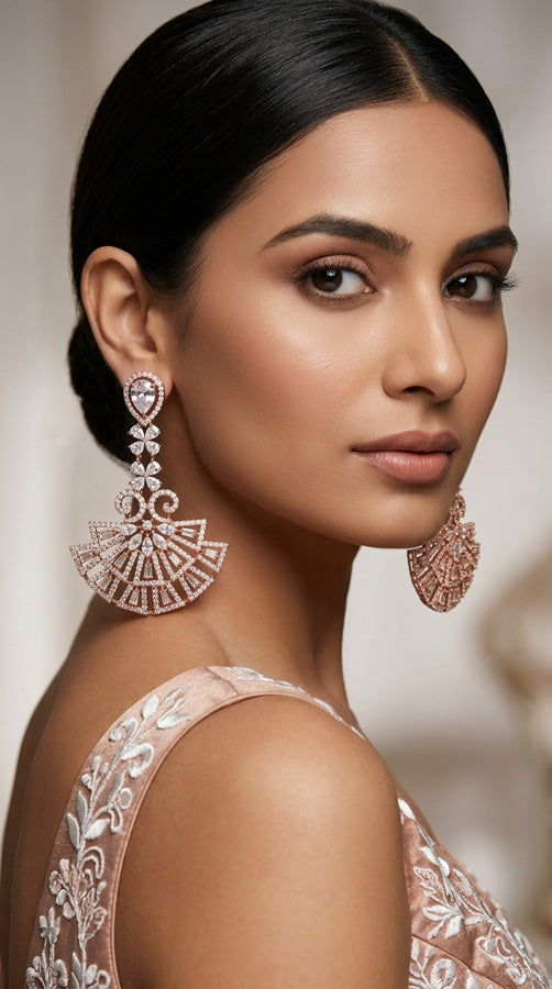 Art Deco Fan Shaped Chandelier Earrings In Rose Gold Polish With American Diamonds (ADE023)