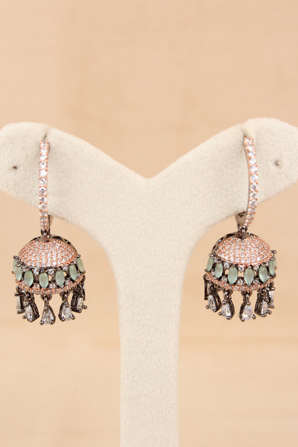 Balia / Hoops Earrings With Small Jhumka Attached And Mint Green Colour Stones (ADE016-MG)