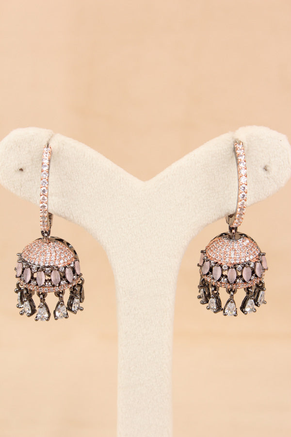 Balia / Hoops Earrings With Small Jhumka Attached And Pink Colour Stones (ADE016-P)