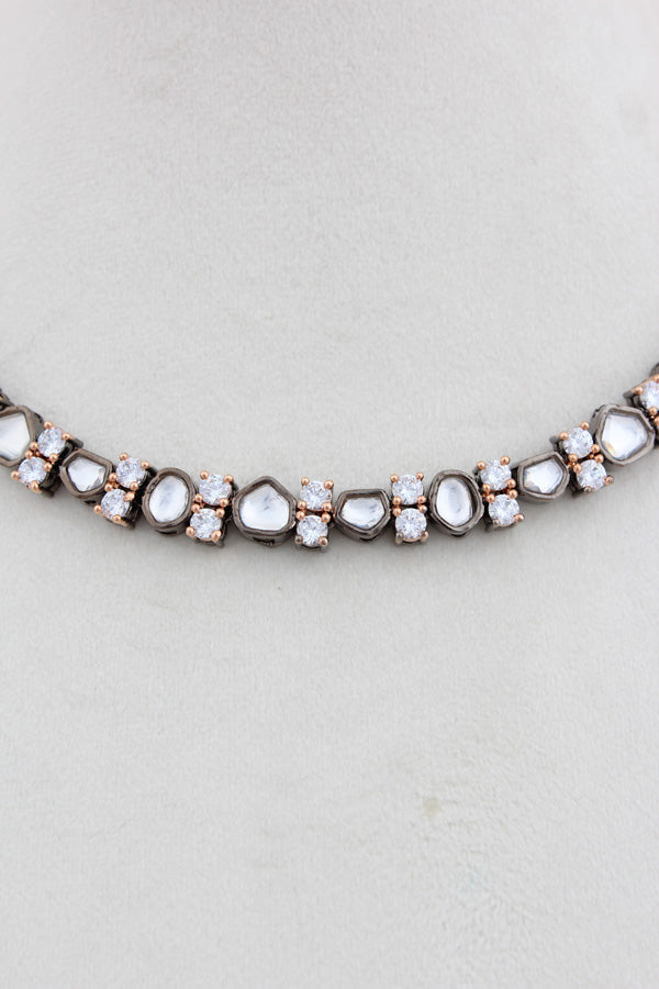 Black And Rosegold Polish Kundan Necklace With Studs (NK030RH-Kundan)