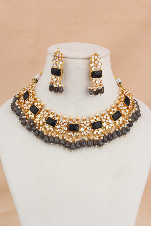 Black Kundan Necklace Set With Grey Pearls Attached Also With Matching Earrings And Tikka (IGNK011)