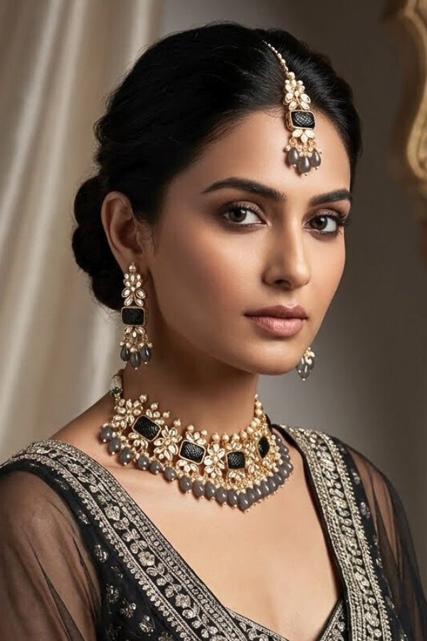 Black Kundan Necklace Set With Grey Pearls Attached Also With Matching Earrings And Tikka (IGNK011)