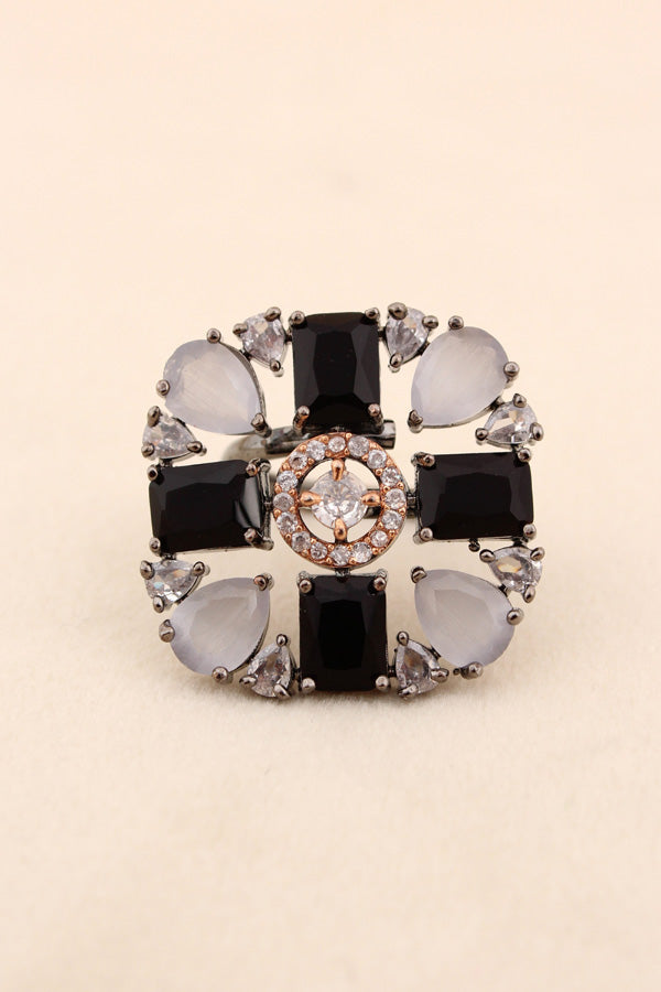 Black Polish American Diamond Adjustable Ring With Black Colour Stones (ADR004-BL)