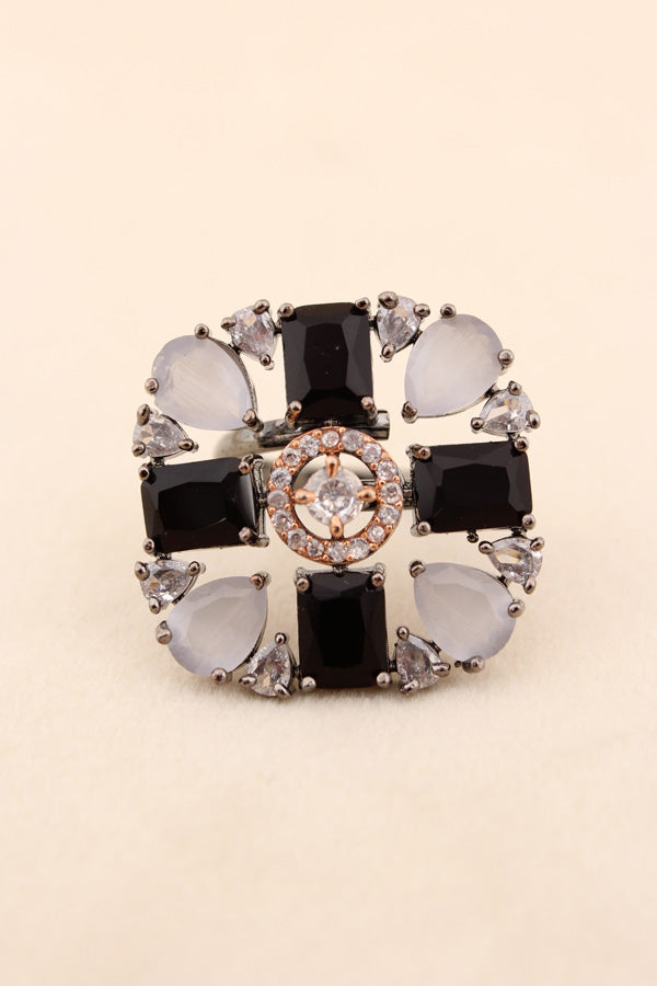 Black Polish American Diamond Adjustable Ring With Black Colour Stones (ADR004-BL)