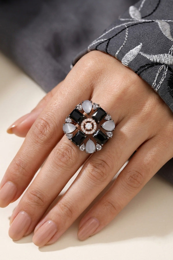 Black Polish American Diamond Adjustable Ring With Black Colour Stones (ADR004-BL)