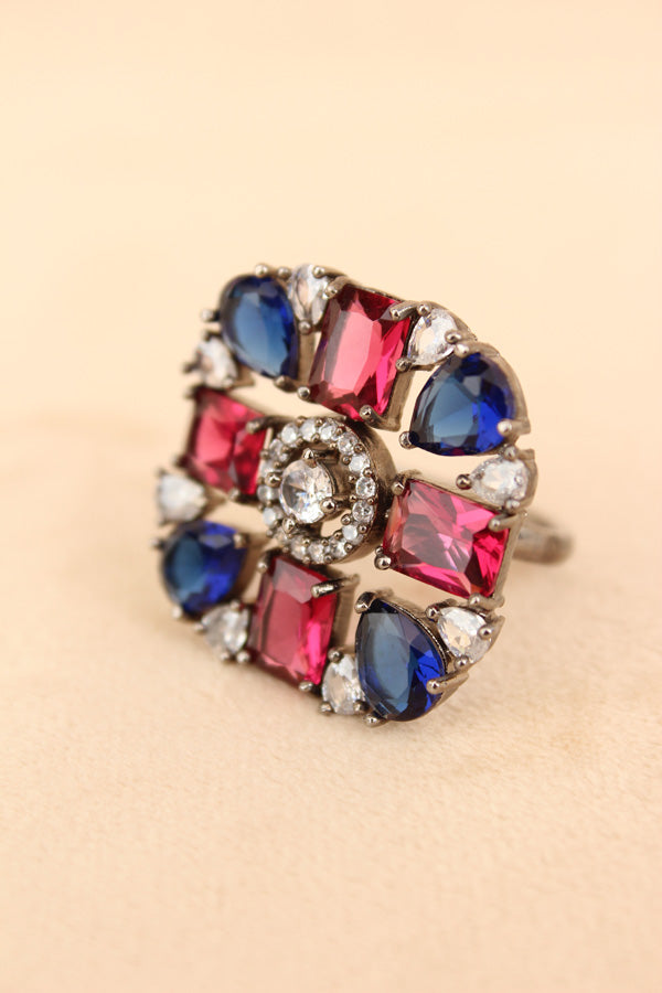 Black Polish American Diamond Adjustable Ring With Blue And Ruby Colour Stones (ADR004-B)