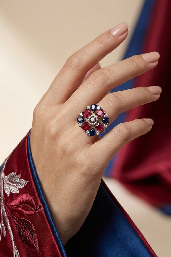 Black Polish American Diamond Adjustable Ring With Blue And Ruby Colour Stones (ADR004-B)