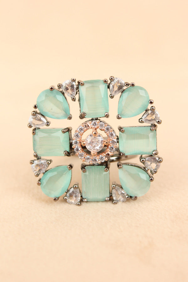 Black Polish American Diamond Adjustable Ring With Mint Green Colour Stones (ADR004-MG)