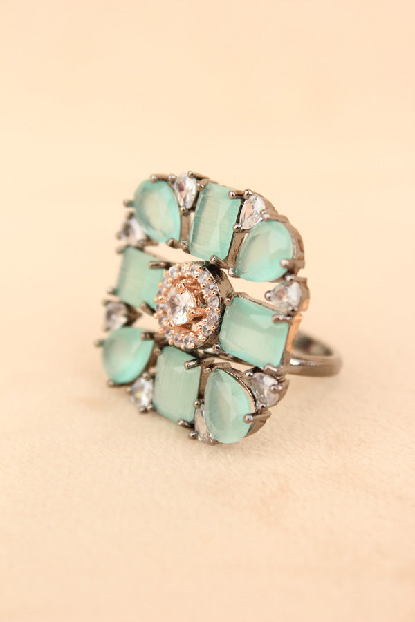 Black Polish American Diamond Adjustable Ring With Mint Green Colour Stones (ADR004-MG)